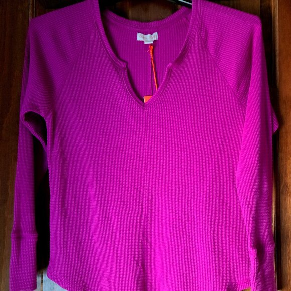 KNOX ROSE WOMEN'S RASPBERRY PINK LONG SLEEVE THERMAL ''WAFFLE'' SIZE LARGE VNECK - Picture 1 of 7